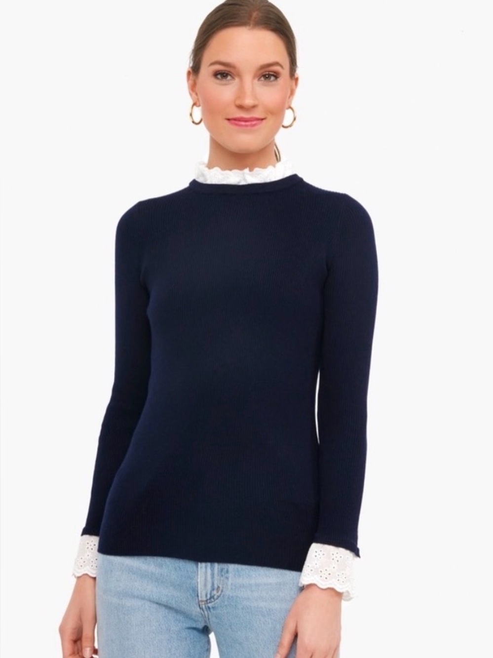 Tuckernuck Rosemary Eyelet Navy Sweater with Ruffle Trim. Size Small, Worn Once!